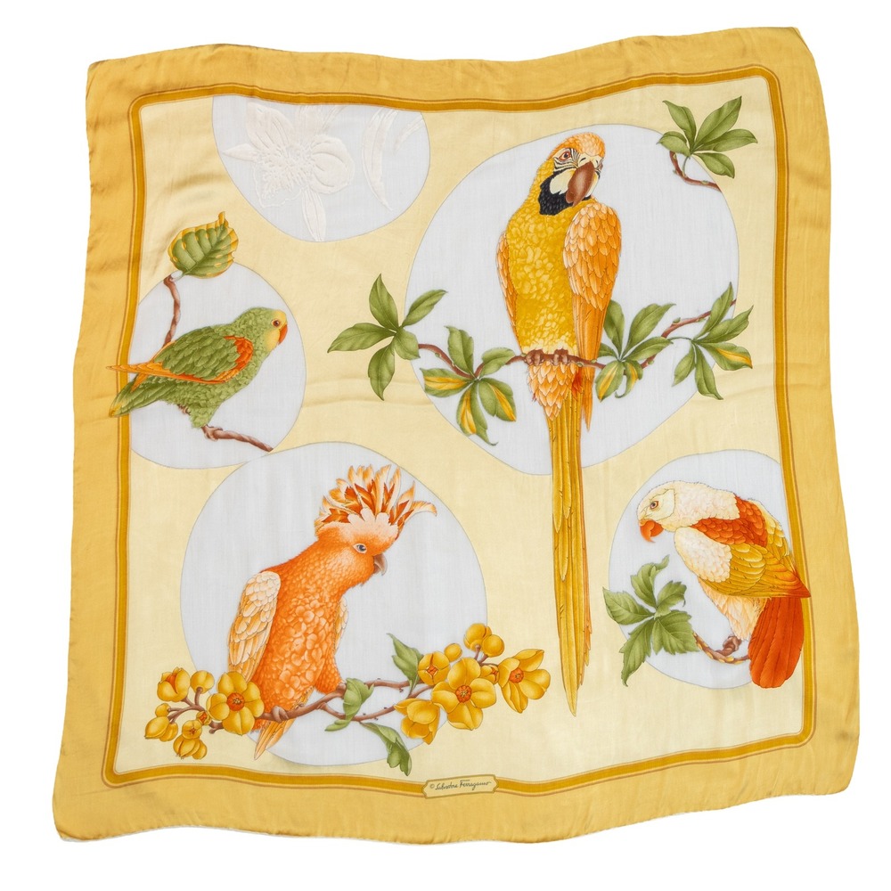 Salvatore Ferragamo Silk Scarf Tropical Bird‎ Parrot Macaw Yellow Hand Rolled